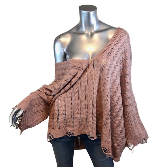 POL Women's Large Oversized Sweater Double V Neck Boxy Distressed Detail Pink - Picture 12 of 13